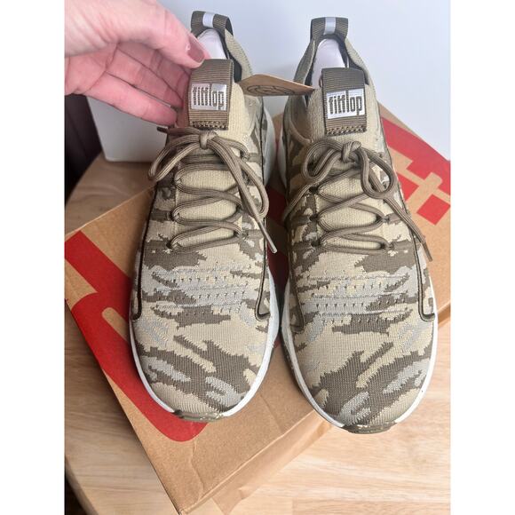 FitFlop Camo Knit Lace Up Sneakers Tan Lightweight Walking Shoes New in Box - Picture 5 of 7